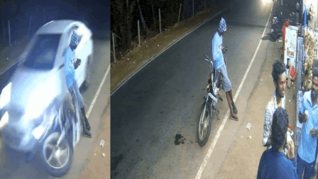 Car Sends Bike Flying in Crash, but Man Sitting on It Escapes Without a Scratch