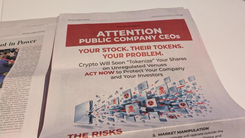 Mystery WSJ Ad Ignites Wall Street War Over Tokenized Stocks