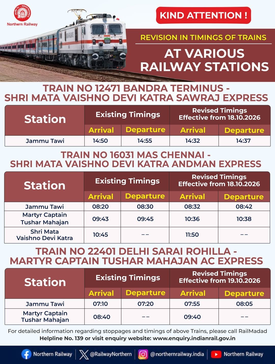 Northern Railway Revises Timings of Several Jammu Trains