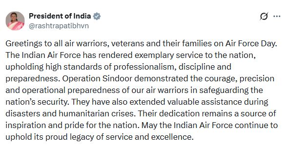 President Murmu, PM Modi greet Air Warriors on Air Force Day