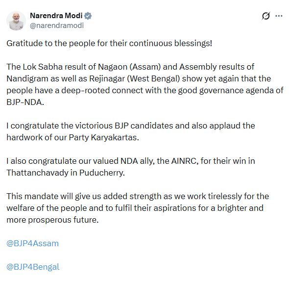 PM Modi Thanks Voters for BJP-NDA's Electoral Wins