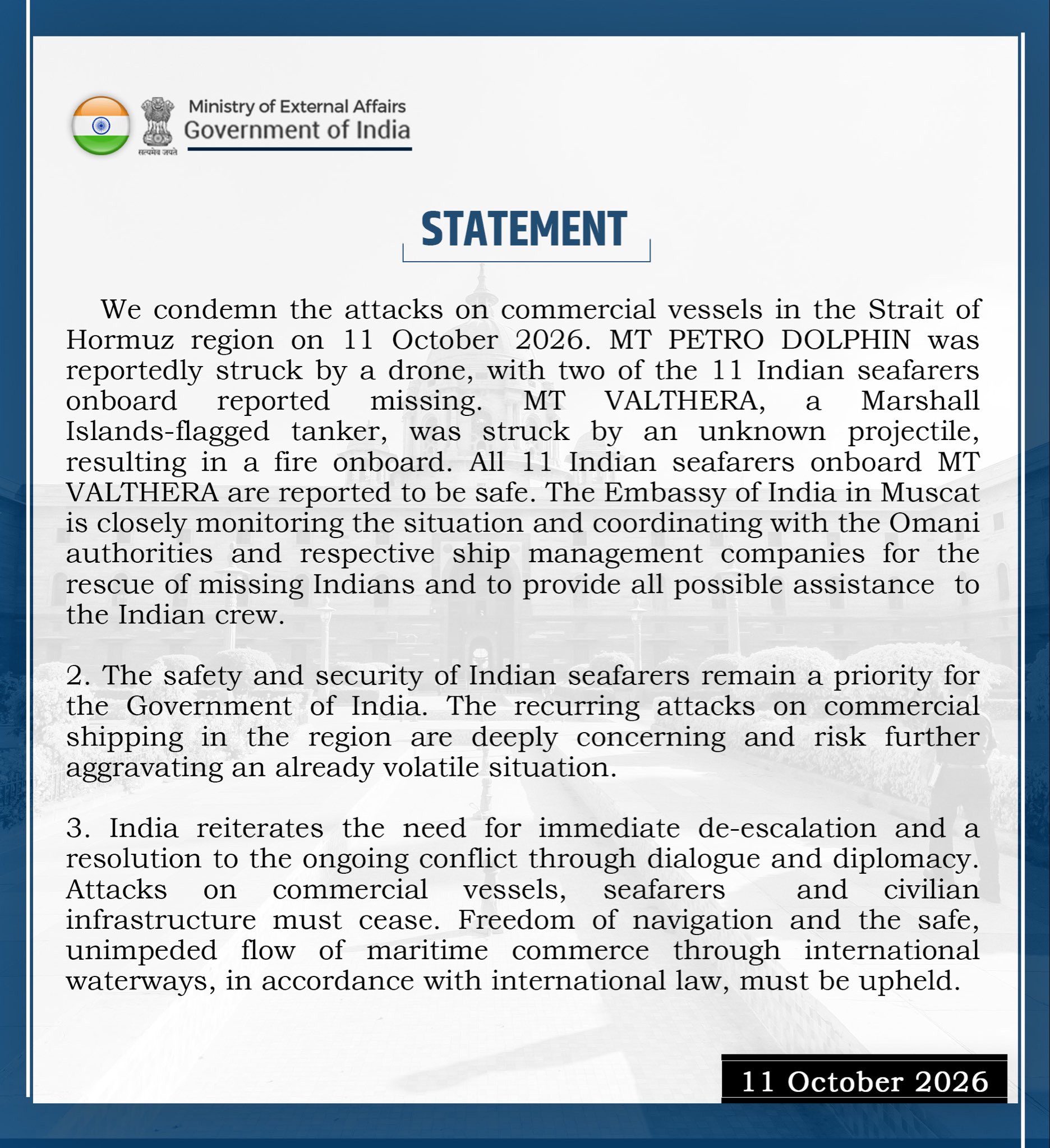 MEA condemns attacks on tankers carrying Indian Seafarers